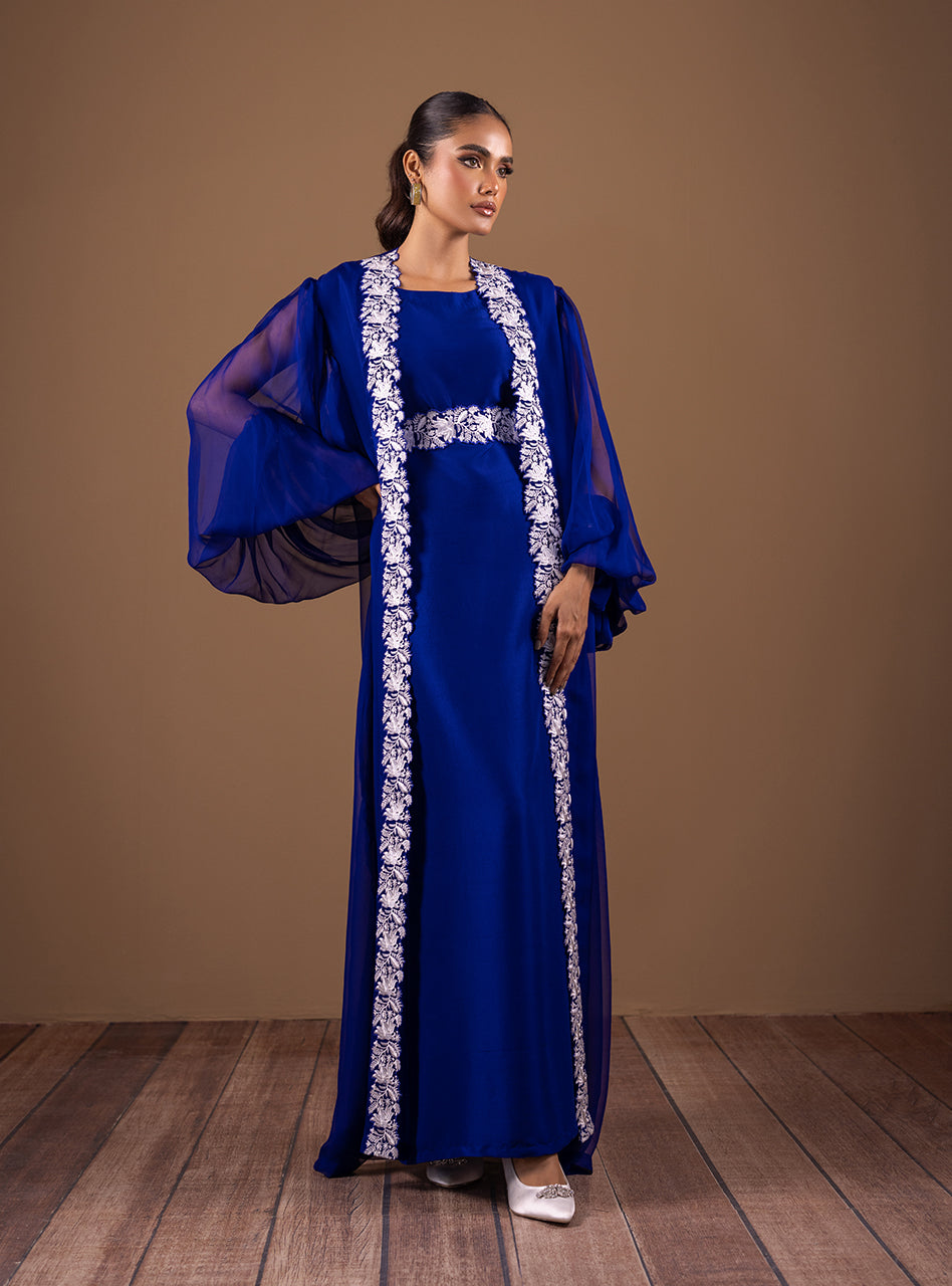 Pakistani Royal Blue Lace Embroidered Raw Silk Gown (2-Piece) - Image 1