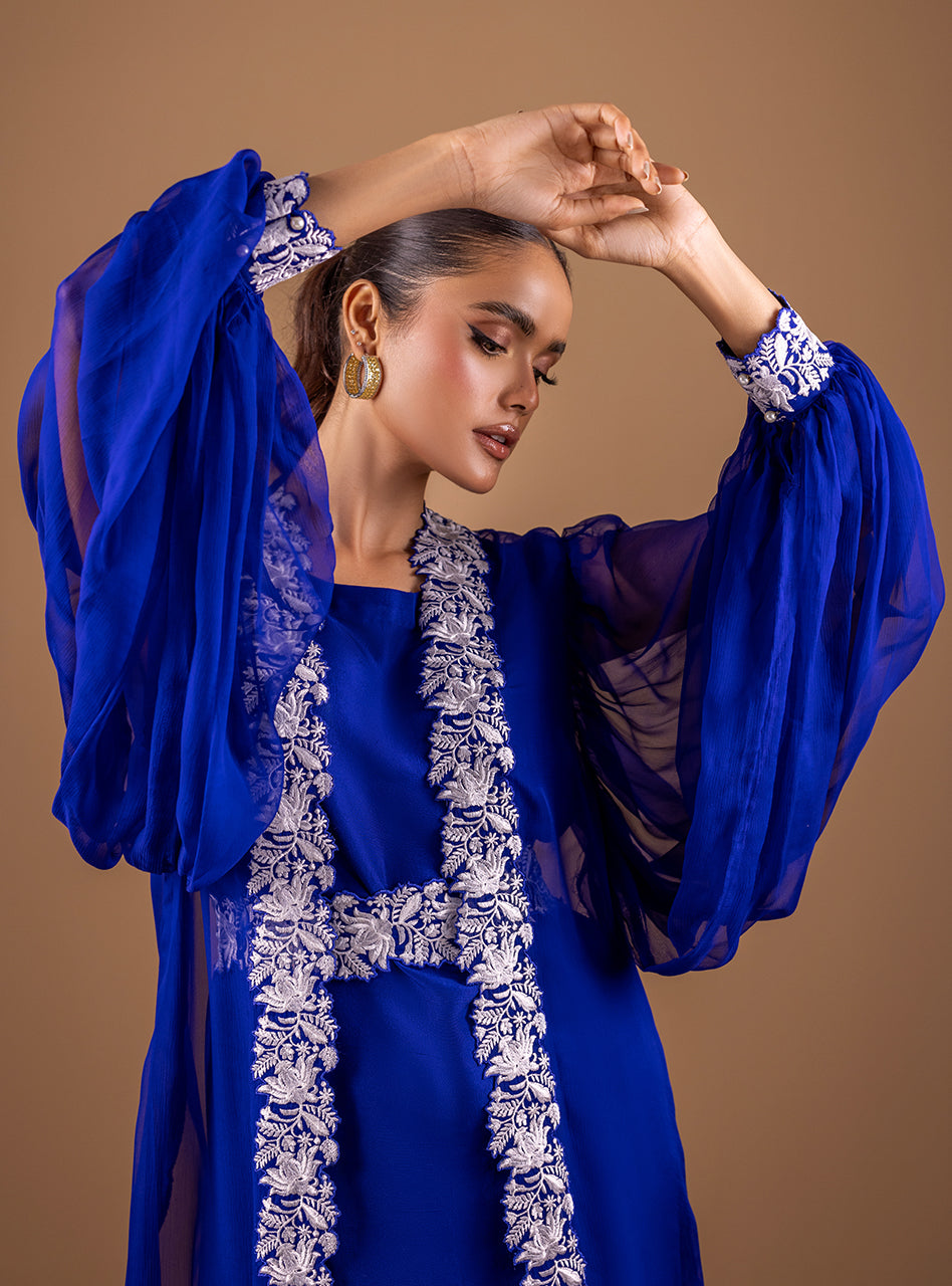 Pakistani Royal Blue Lace Embroidered Raw Silk Gown (2-Piece) - Image 2