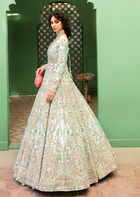 Ice Blue Embellished Raw Silk Bridal Gown (3-Piece) - Image 2