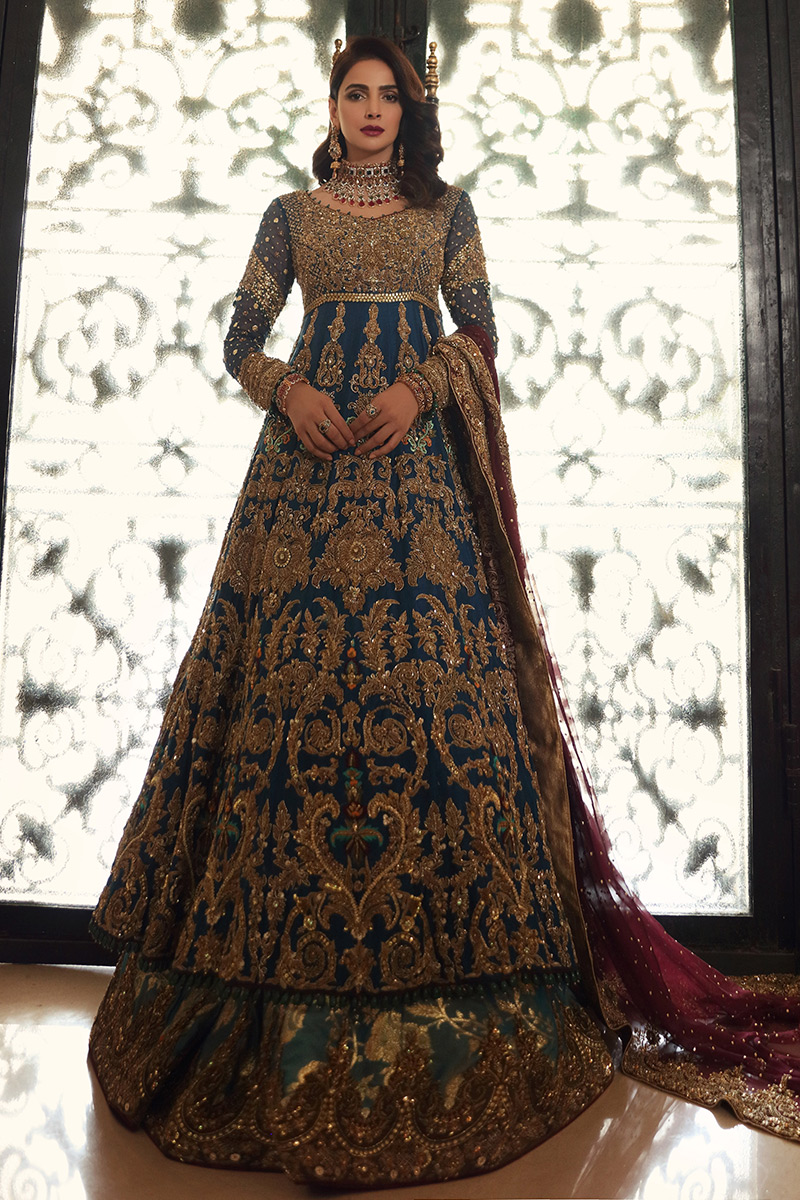 Deep Blue Embroidered Raw Silk Bridal Gown (3-Piece) - Image 1