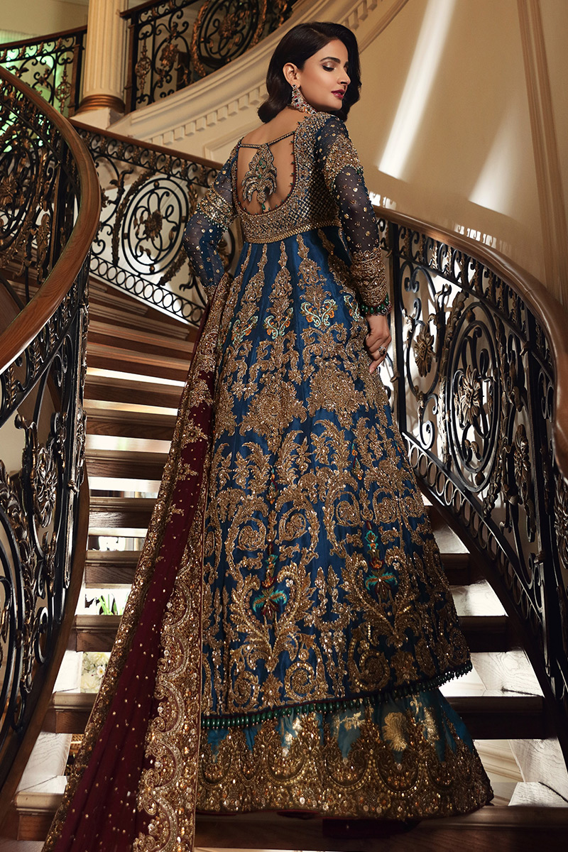Deep Blue Embroidered Raw Silk Bridal Gown (3-Piece) - Image 3