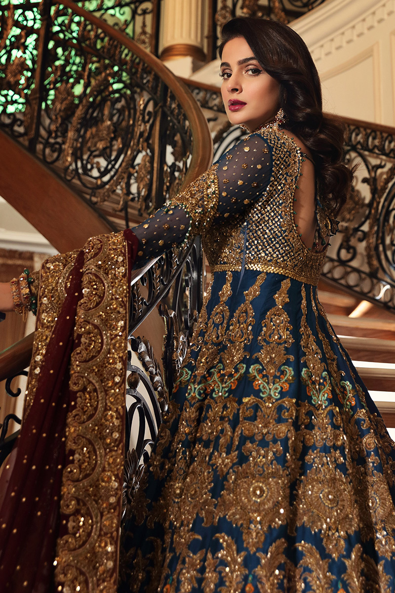 Deep Blue Embroidered Raw Silk Bridal Gown (3-Piece) - Image 4