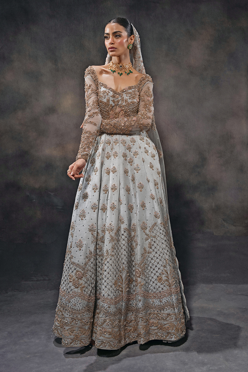 Morning Sky Blue Embellished Raw Silk Bridal Gown (2-Piece) - Image 2