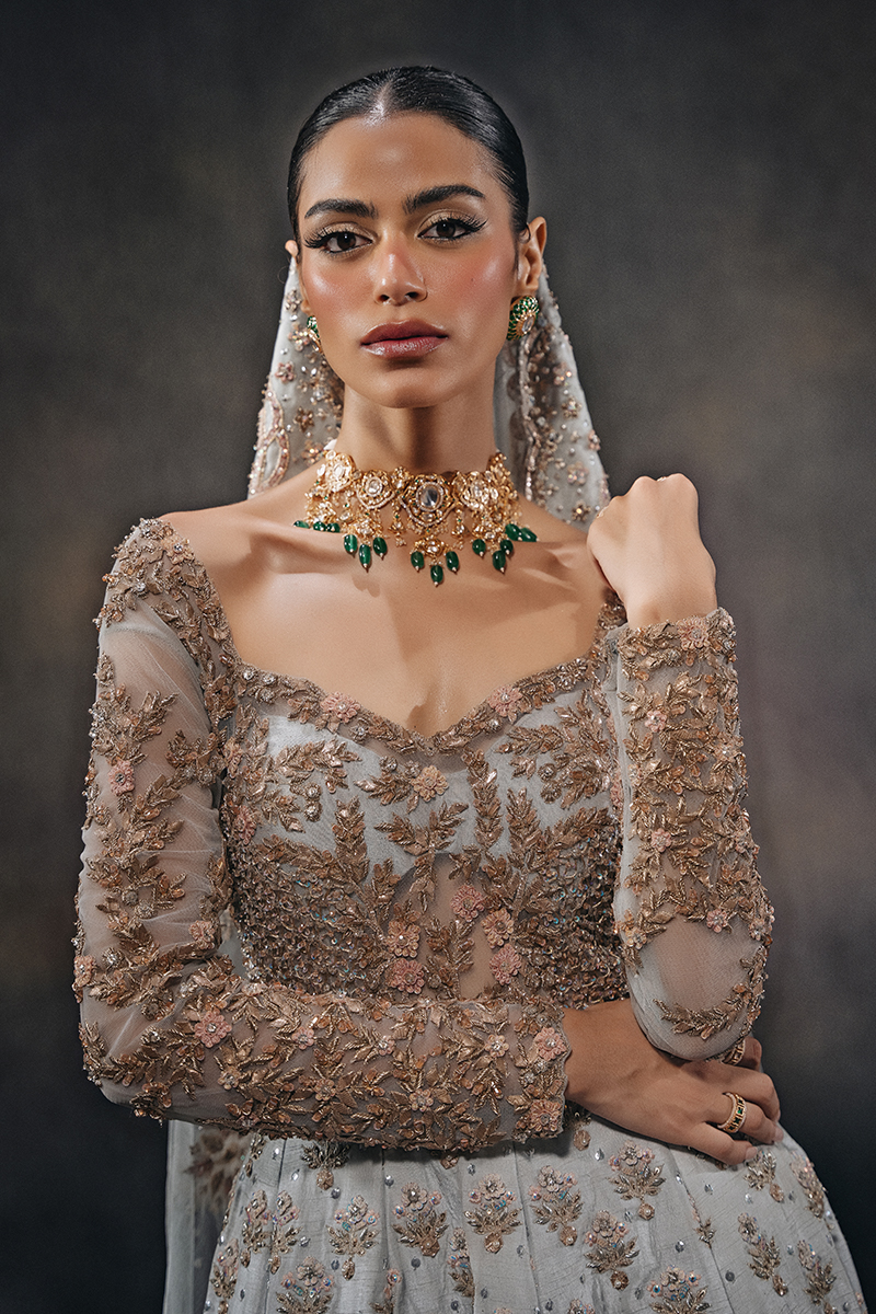 Morning Sky Blue Embellished Raw Silk Bridal Gown (2-Piece) - Image 4