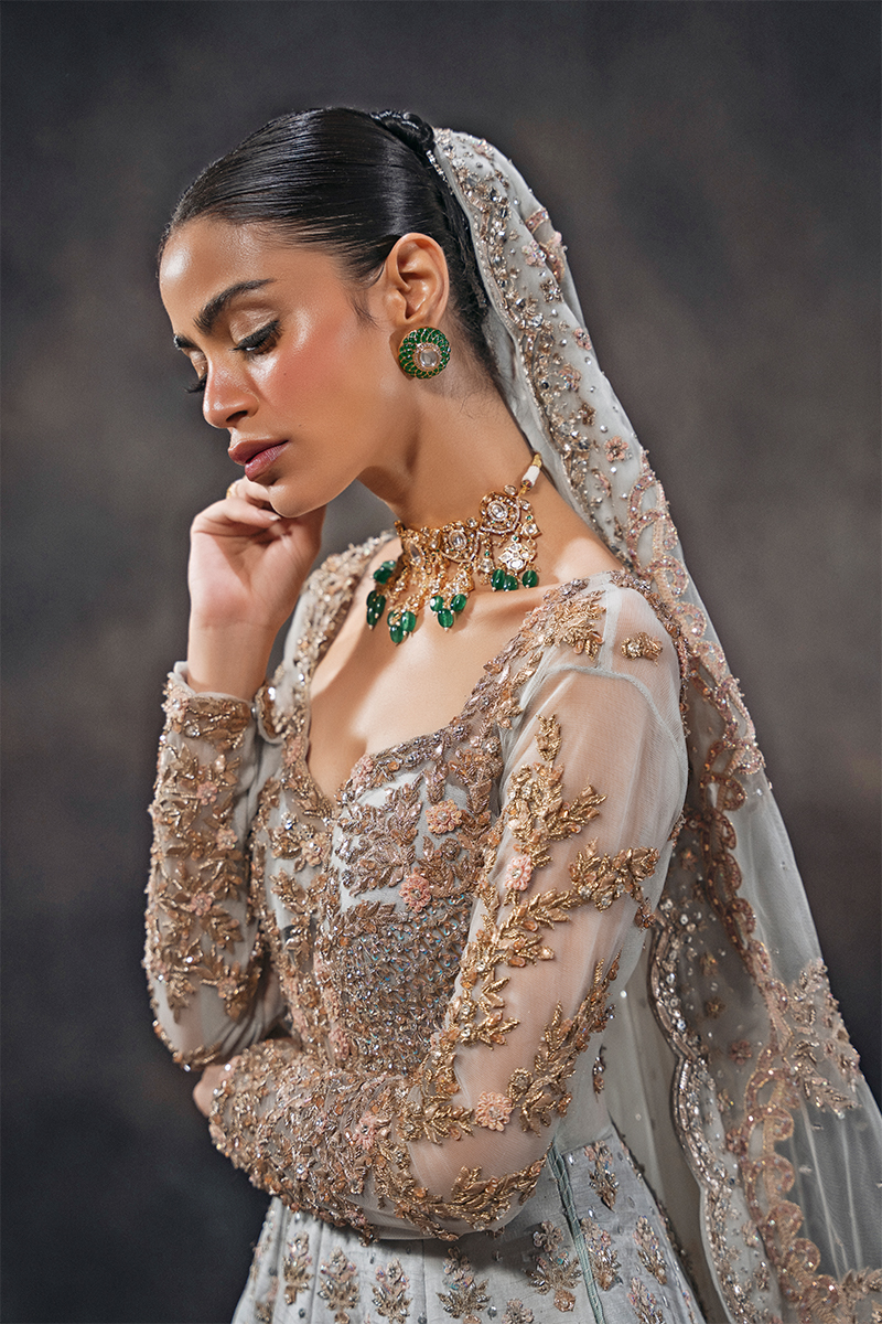 Morning Sky Blue Embellished Raw Silk Bridal Gown (2-Piece) - Image 5