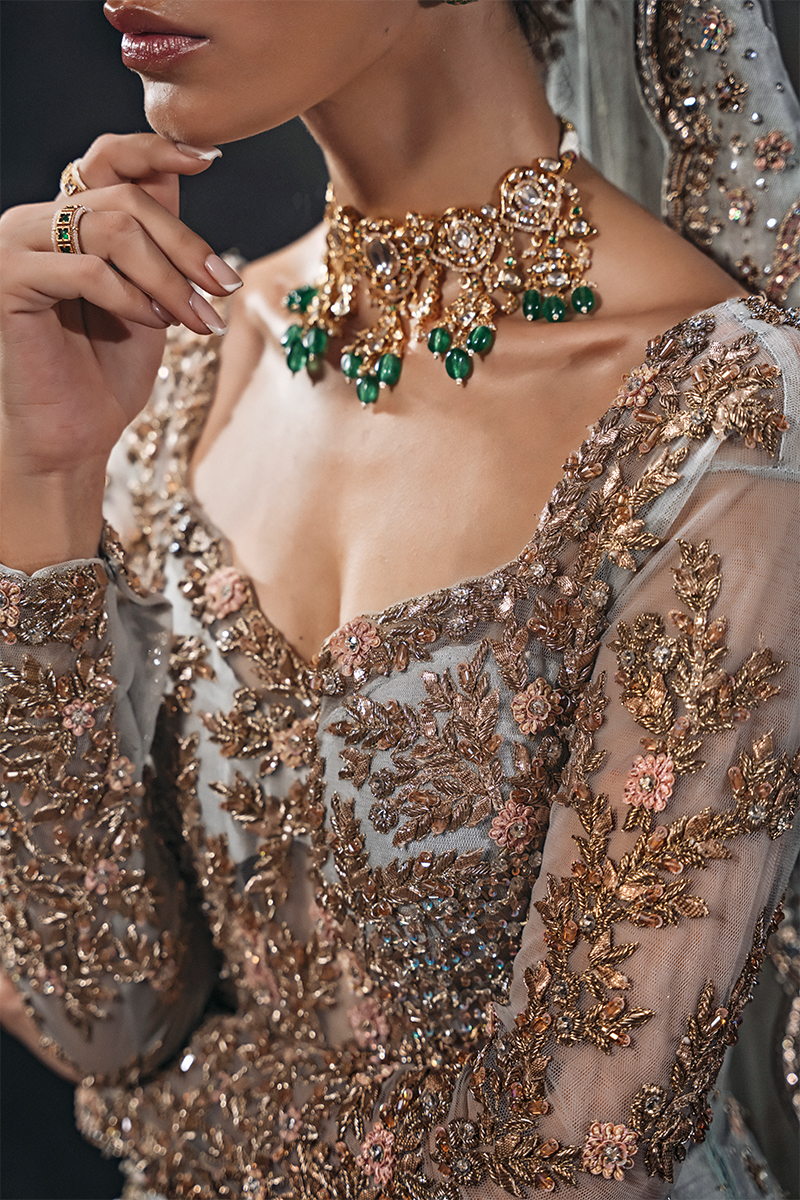 Morning Sky Blue Embellished Raw Silk Bridal Gown (2-Piece) - Image 6