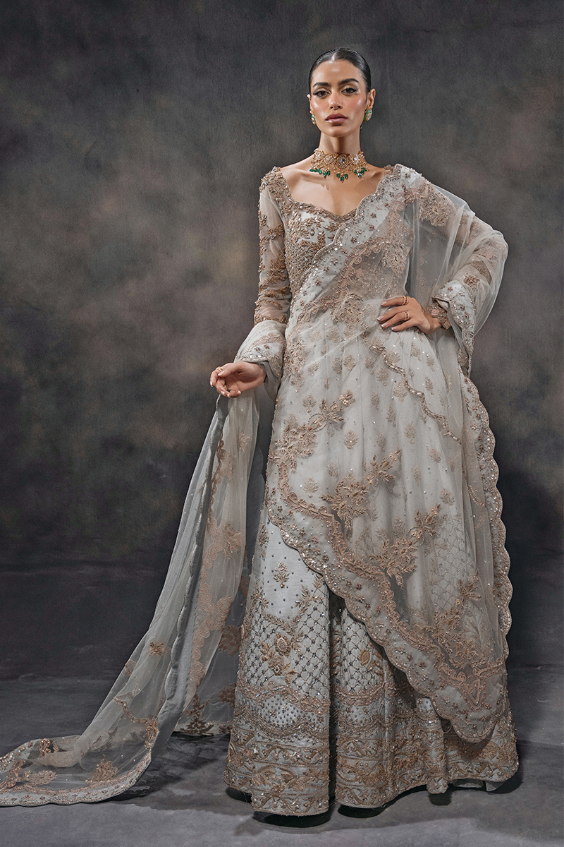 Morning Sky Blue Embellished Raw Silk Bridal Gown (2-Piece) - Image 7