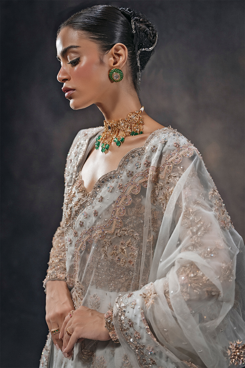 Morning Sky Blue Embellished Raw Silk Bridal Gown (2-Piece) - Image 8