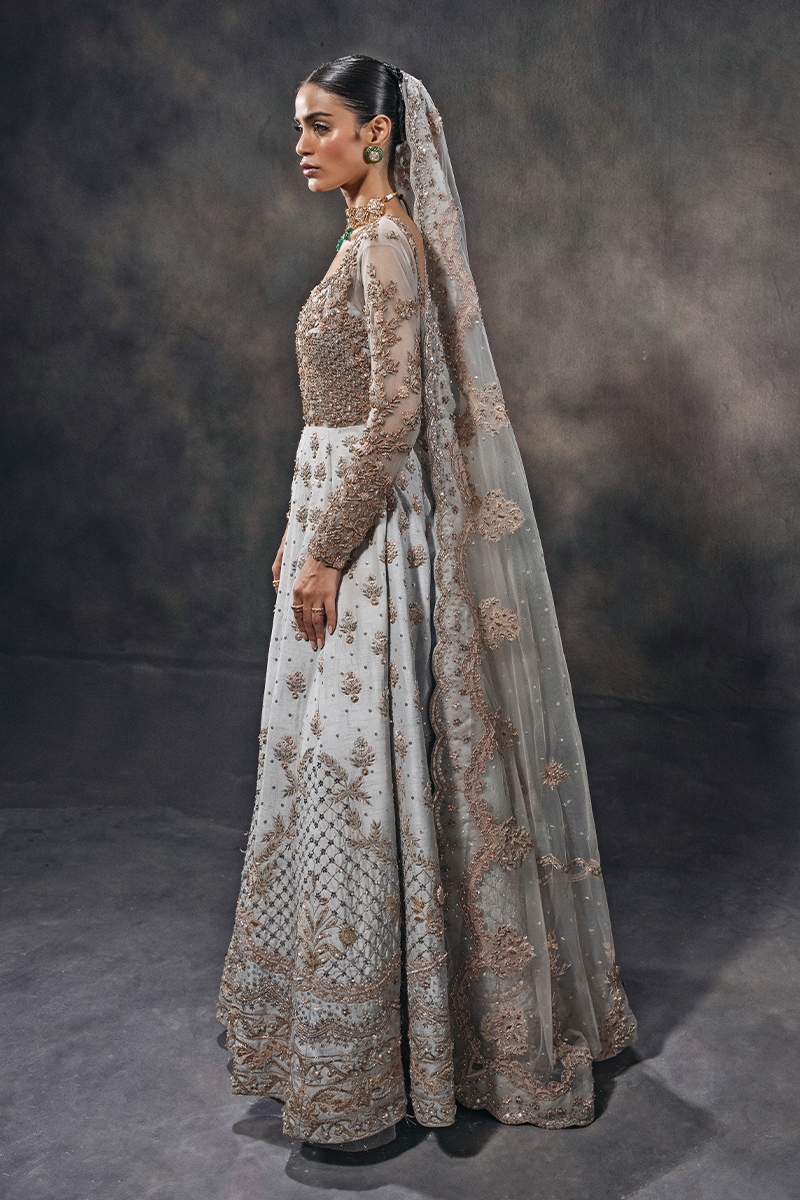 Morning Sky Blue Embellished Raw Silk Bridal Gown (2-Piece) - Image 9