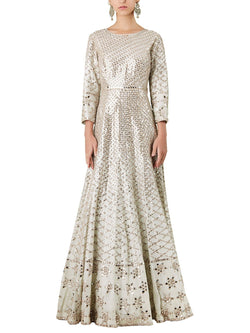 Indian Powder Blue Zari Mirror Work Raw Silk Gown (1-Pc) - Image 1