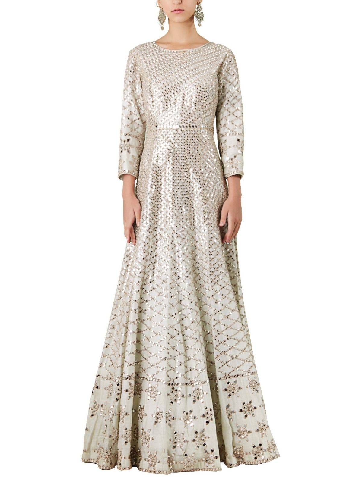 Indian Powder Blue Zari Mirror Work Raw Silk Gown (1-Pc) - Image 2