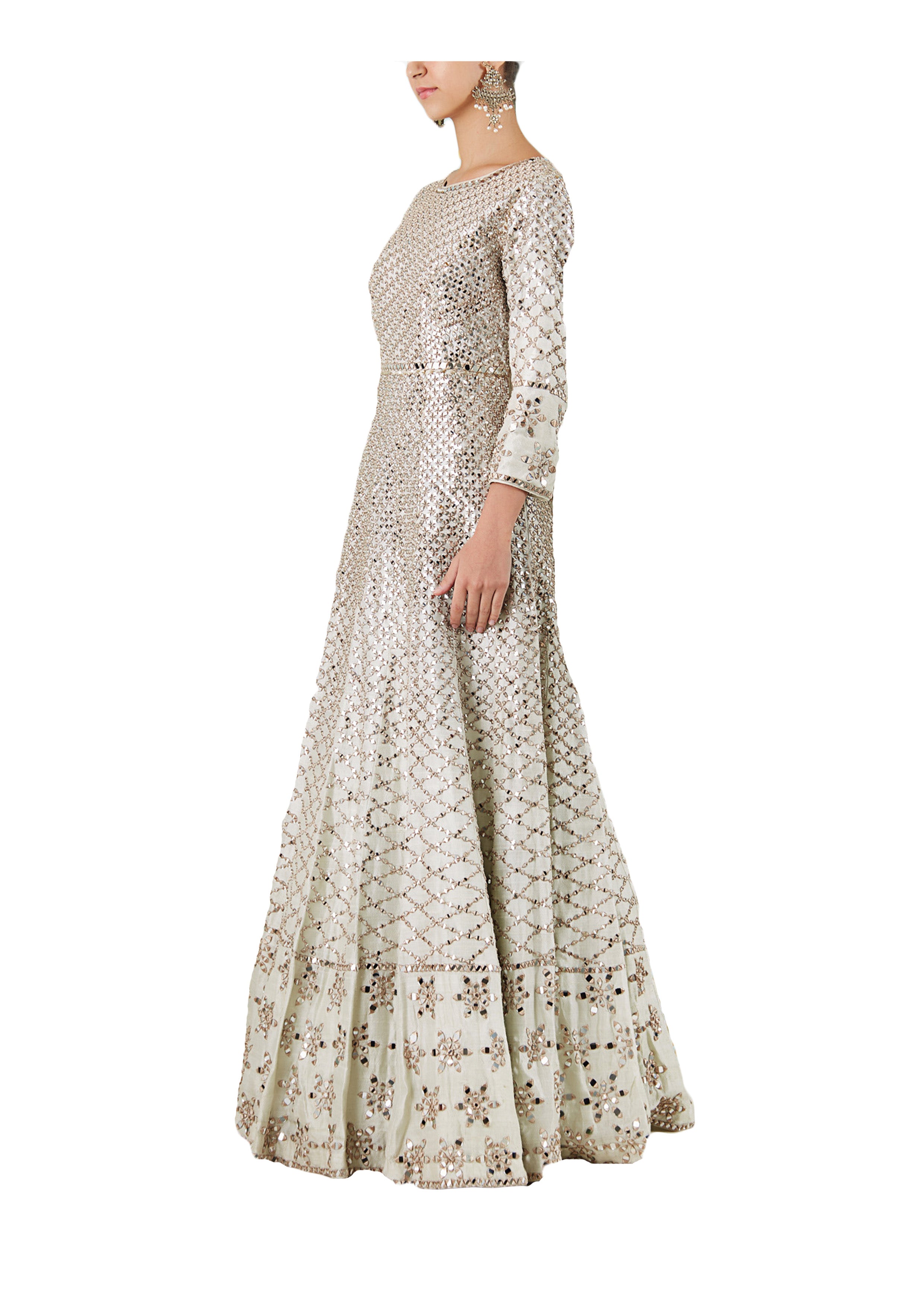 Indian Powder Blue Zari Mirror Work Raw Silk Gown (1-Pc) - Image 3