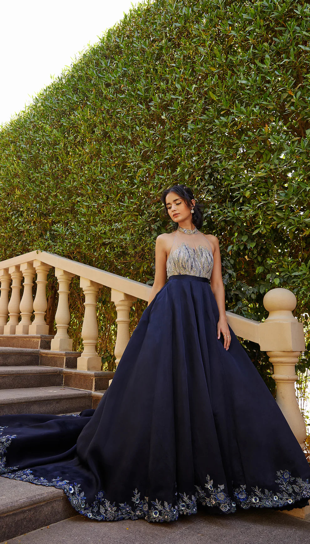 Indian Midnight Blue Embellished Satin Ball Gown (1-Pc) - Image 1