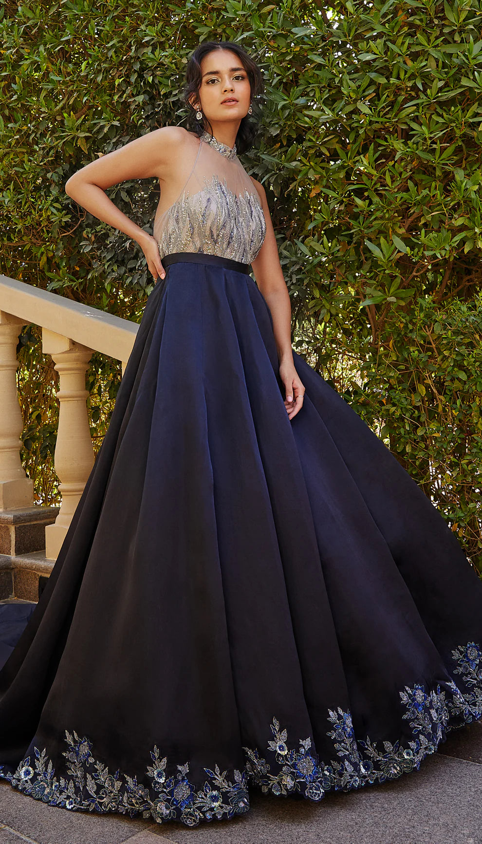 Indian Midnight Blue Embellished Satin Ball Gown (1-Pc) - Image 2