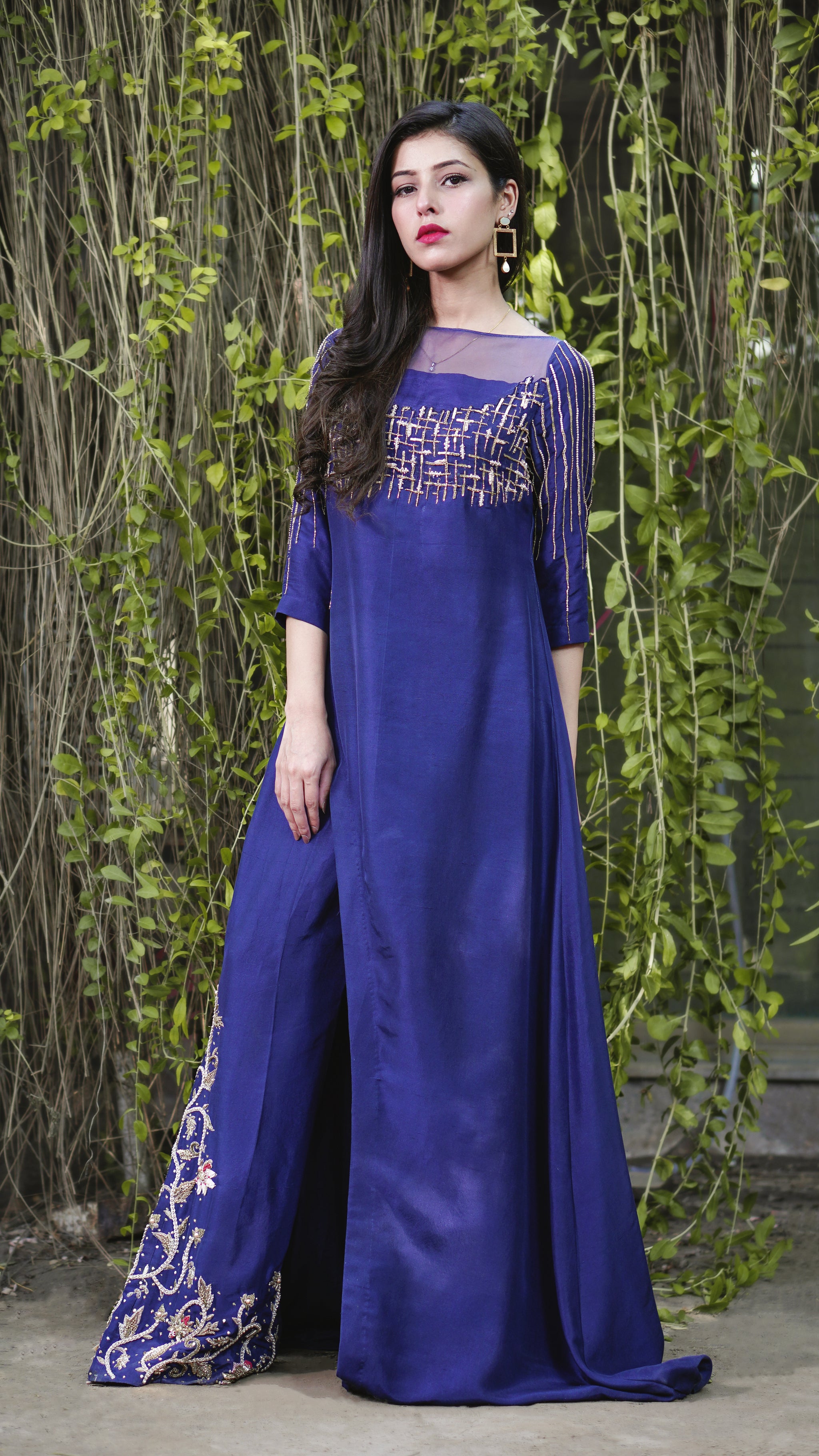 Pakistani Midnight Blue Embellished Satin-Silk Gown (1-Pc) - Image 1