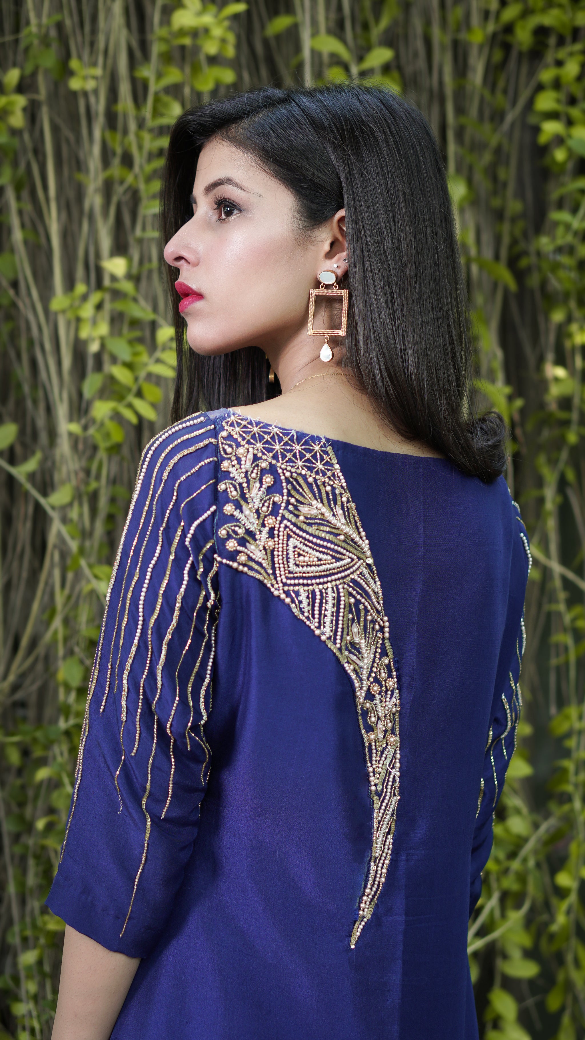 Pakistani Midnight Blue Embellished Satin-Silk Gown (1-Pc) - Image 2