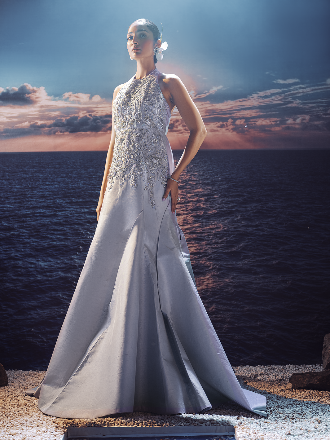 Pakistani Blush Blue 3D Crystal Silk Mermaid Gown (1-Pc) - Image 1