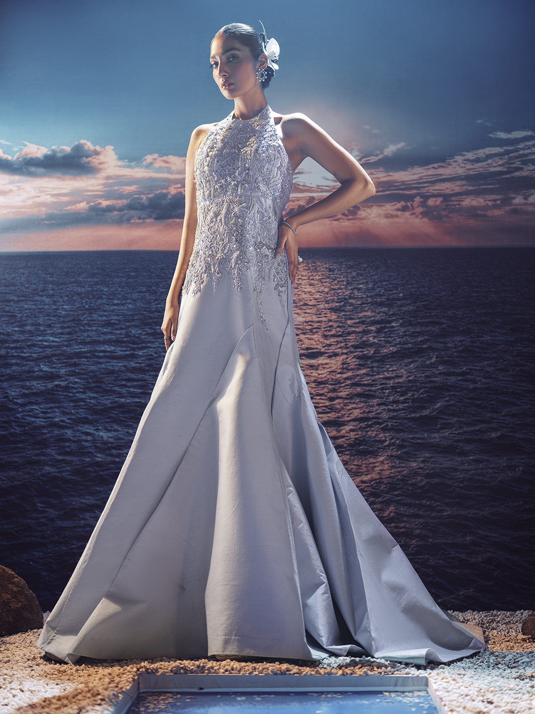 Pakistani Blush Blue 3D Crystal Silk Mermaid Gown (1-Pc) - Image 2