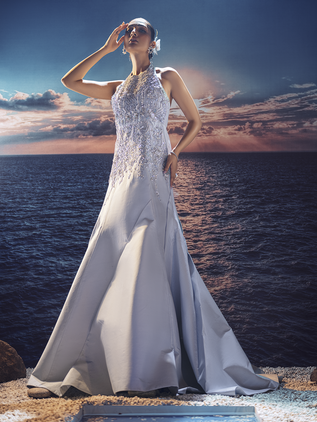 Pakistani Blush Blue 3D Crystal Silk Mermaid Gown (1-Pc) - Image 3