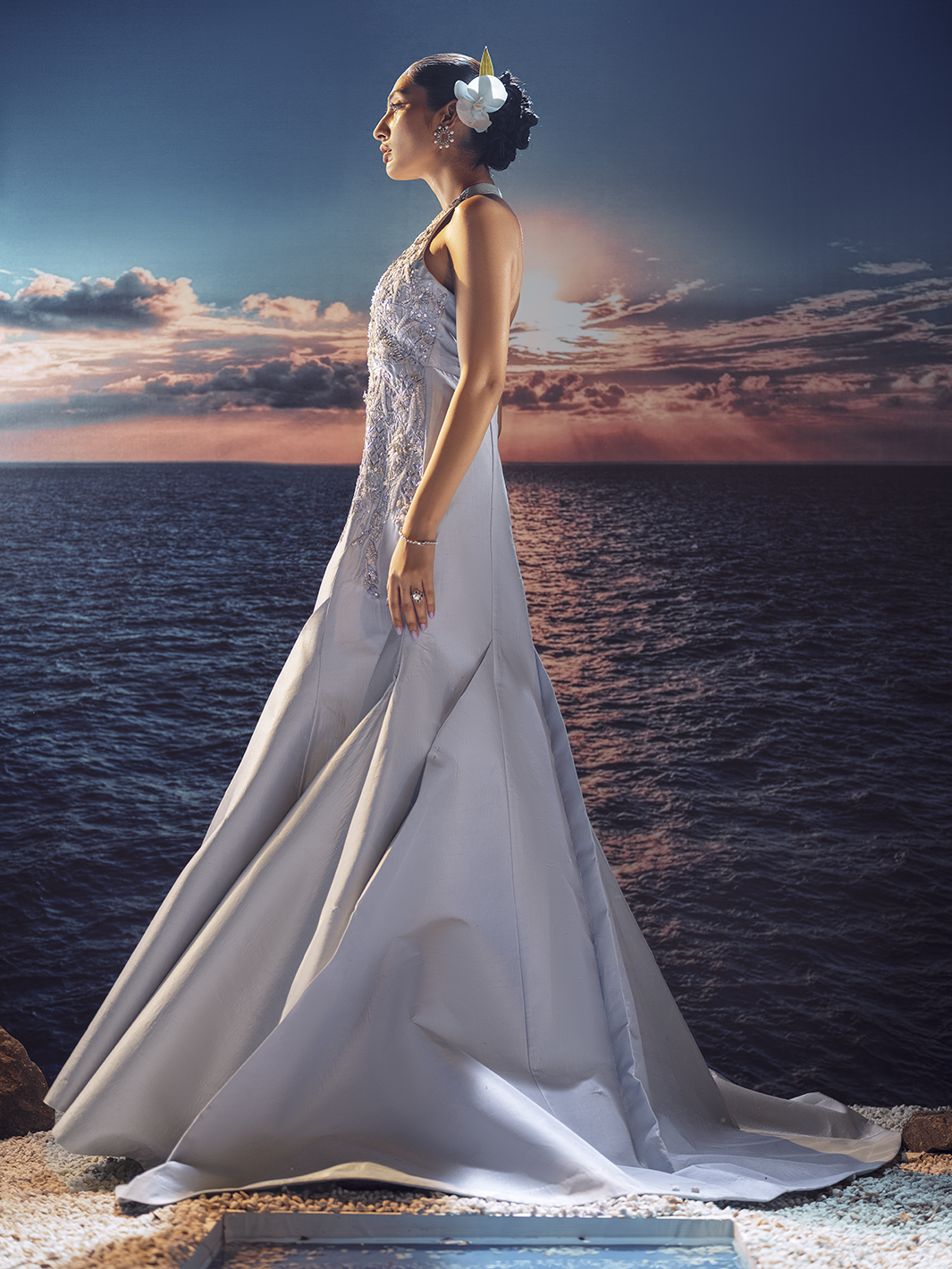 Pakistani Blush Blue 3D Crystal Silk Mermaid Gown (1-Pc) - Image 4