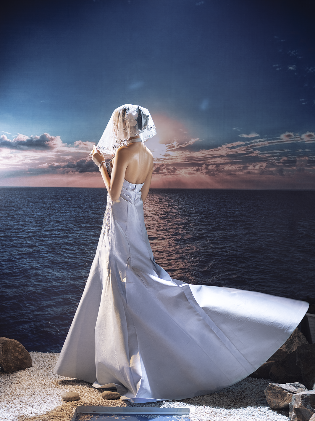 Pakistani Blush Blue 3D Crystal Silk Mermaid Gown (1-Pc) - Image 5