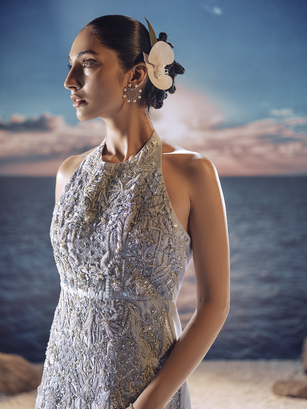 Pakistani Blush Blue 3D Crystal Silk Mermaid Gown (1-Pc) - Image 6