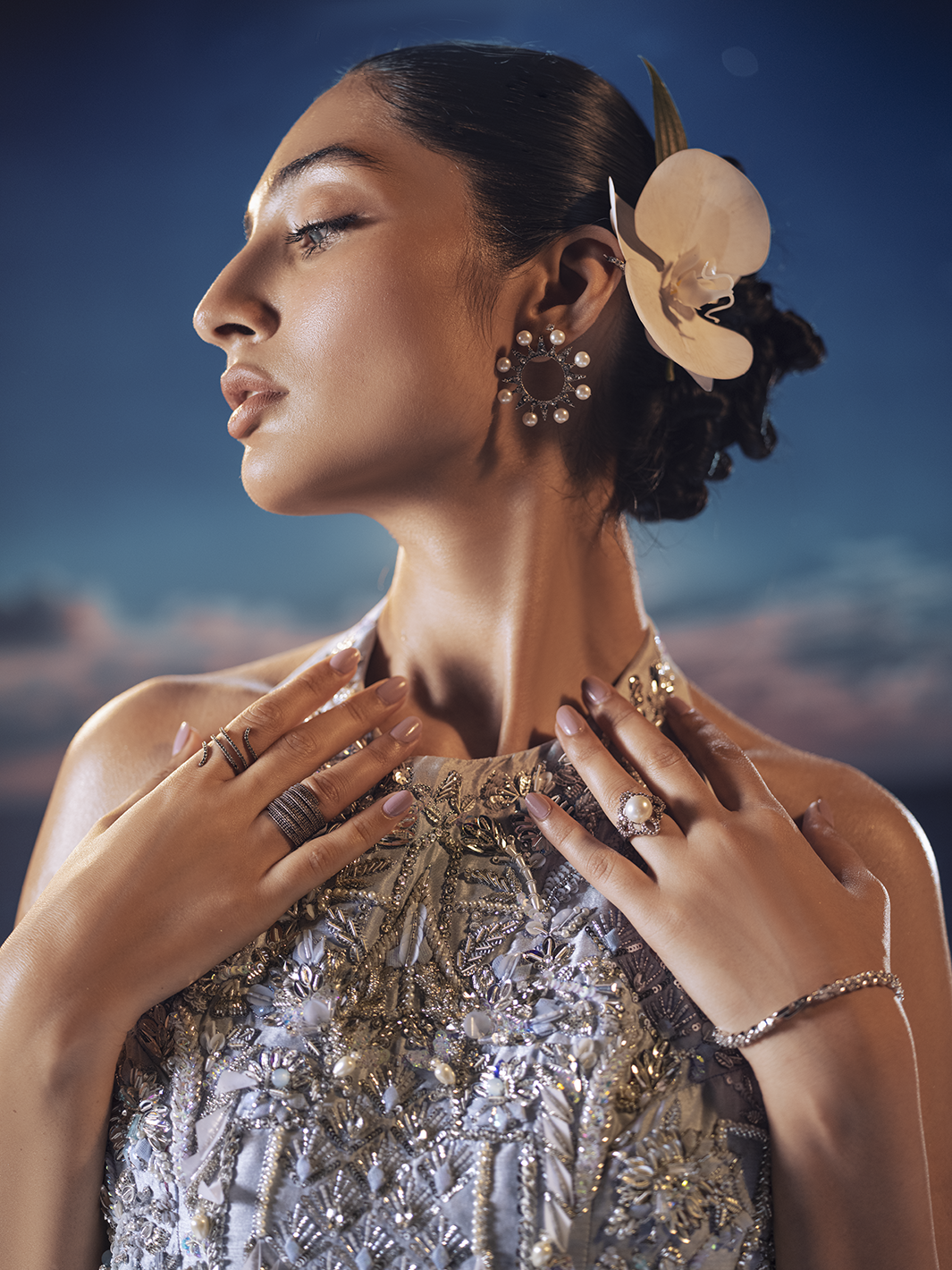 Pakistani Blush Blue 3D Crystal Silk Mermaid Gown (1-Pc) - Image 7