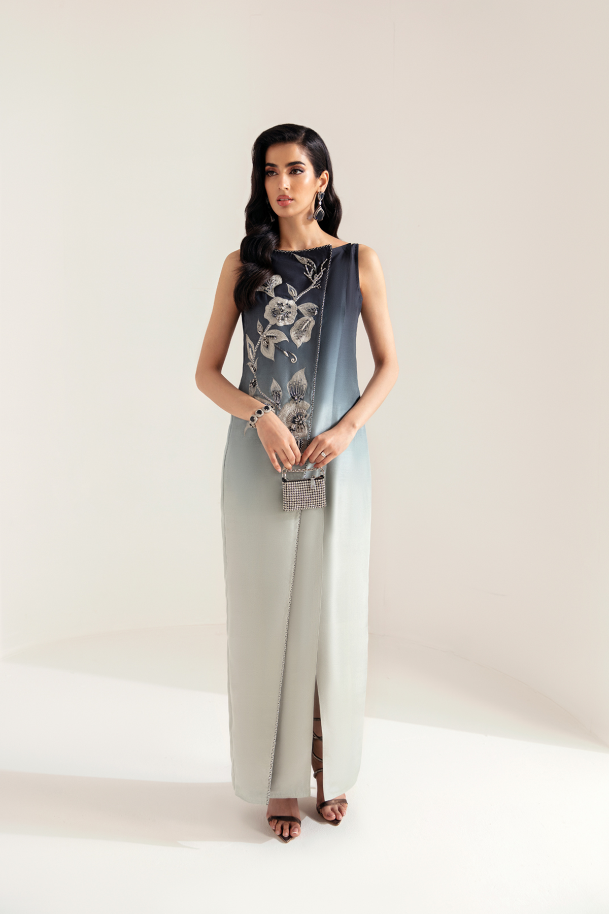 Gradient Blue-Green Embroidered Silk-Blend Gown (1-Pc) - Image 1