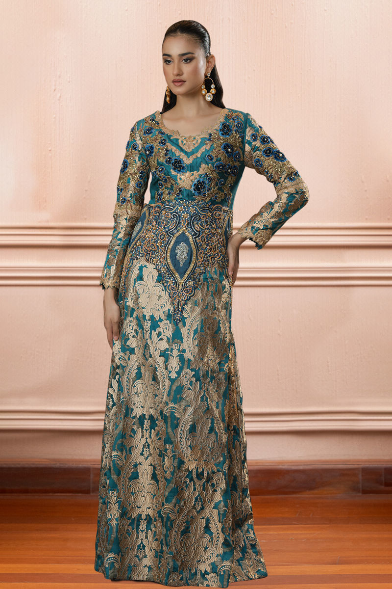 Turquoise Blue Embroidered Silk Kaftan (1-Pc) - Image 1