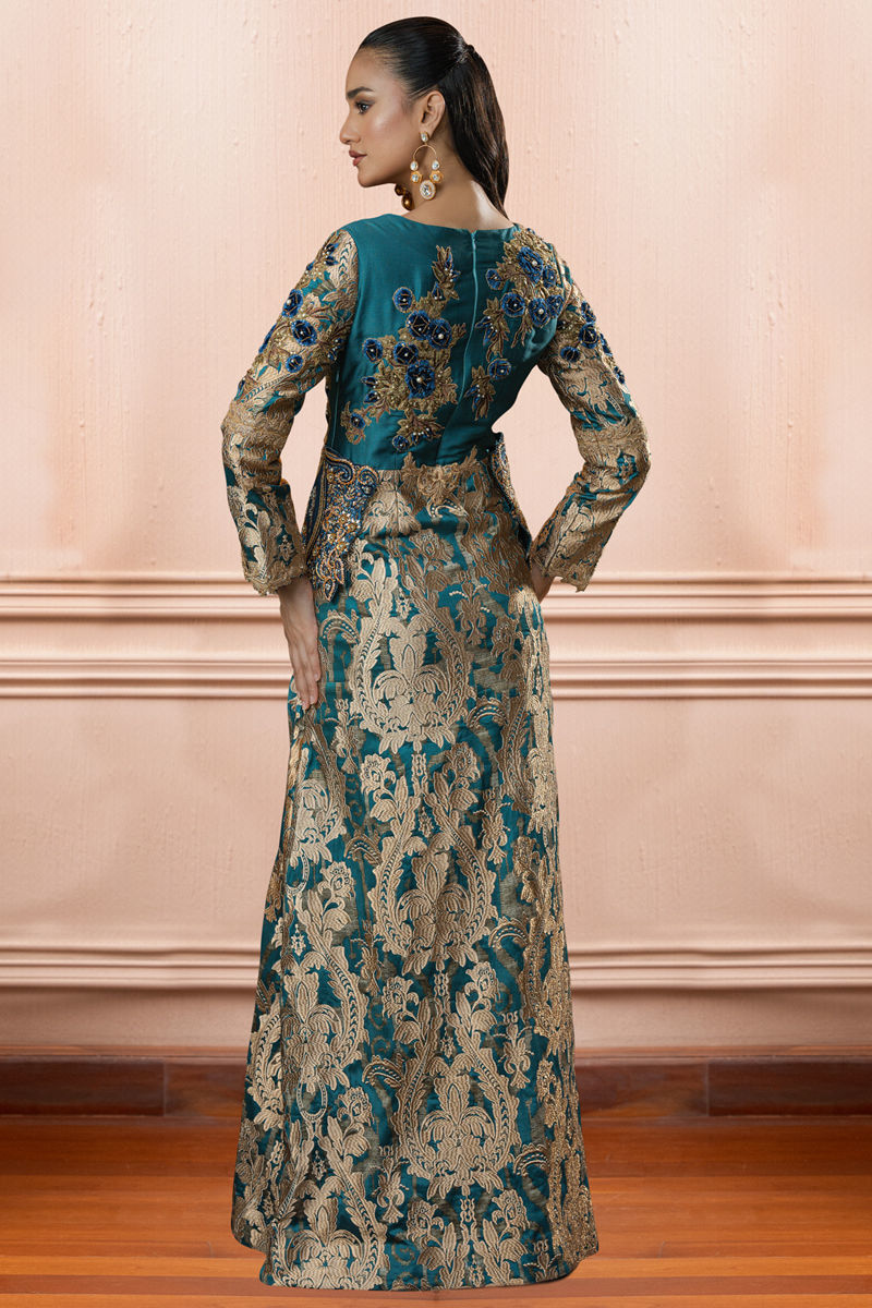 Turquoise Blue Embroidered Silk Kaftan (1-Pc) - Image 2