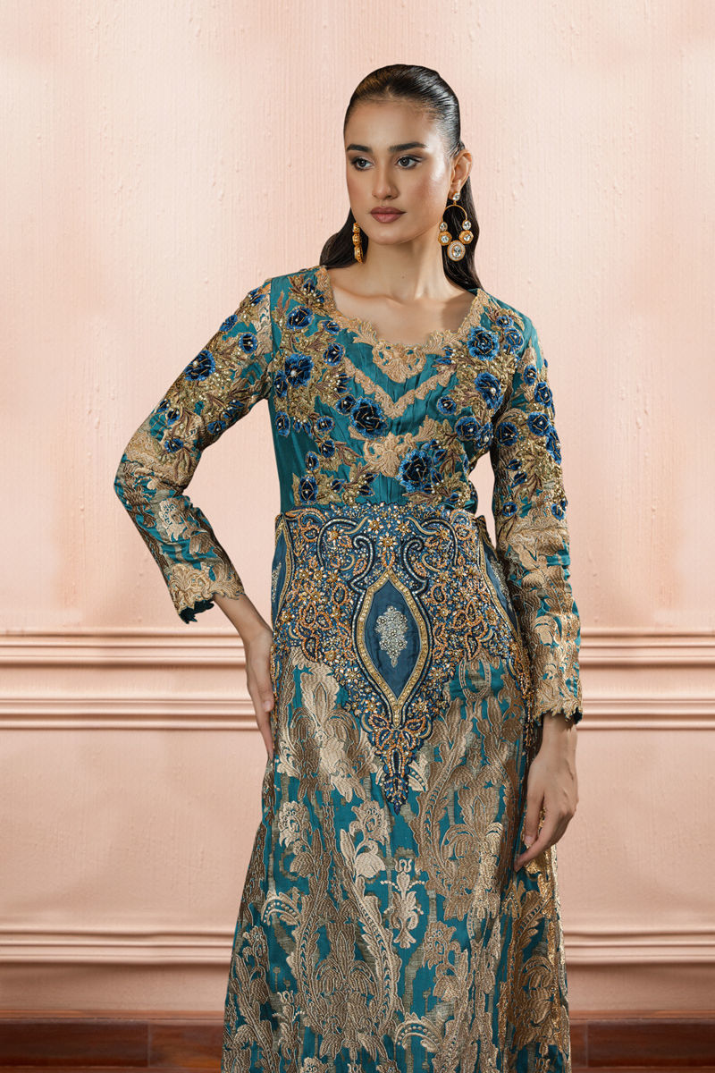 Turquoise Blue Embroidered Silk Kaftan (1-Pc) - Image 3