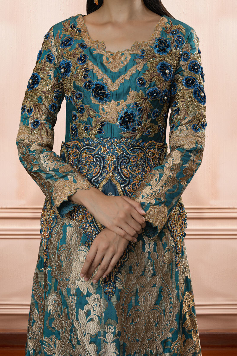 Turquoise Blue Embroidered Silk Kaftan (1-Pc) - Image 4