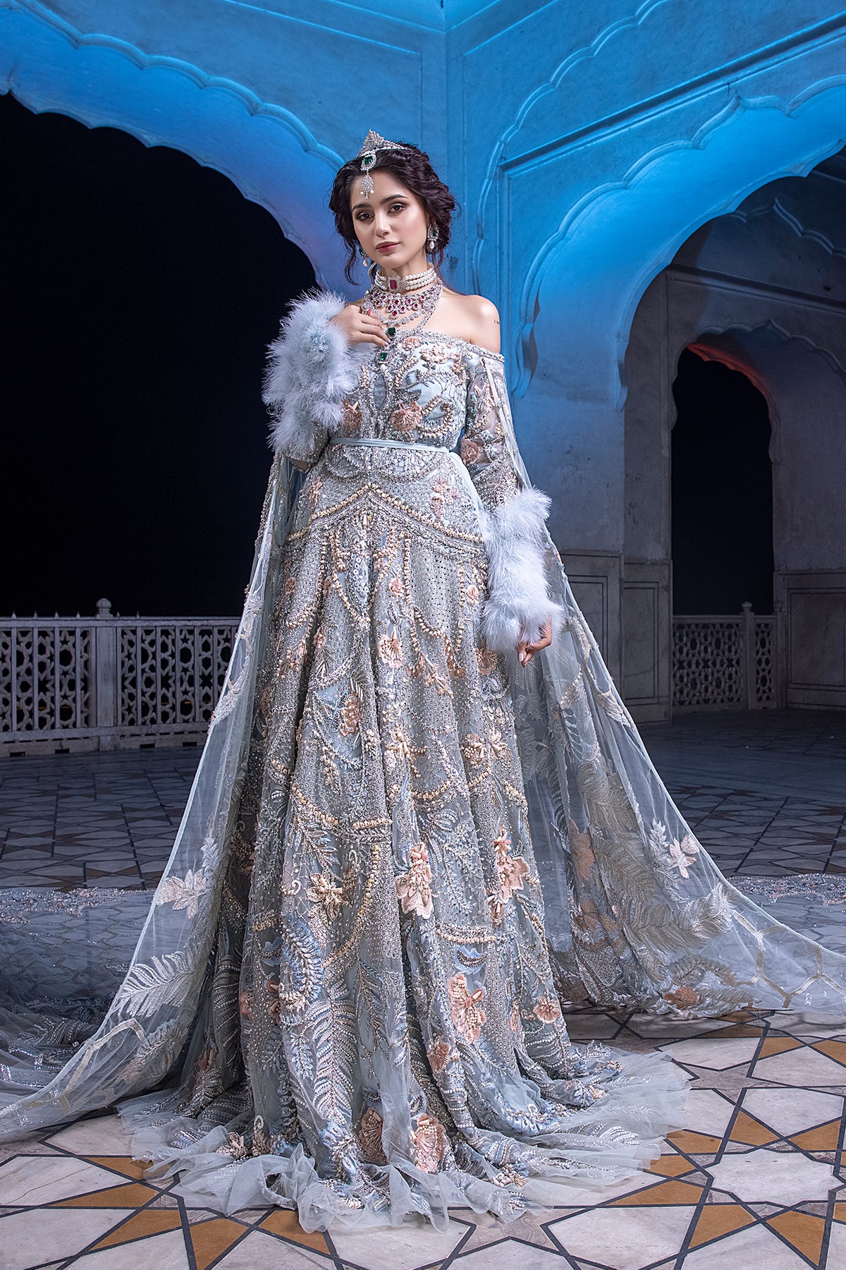 Powder Blue Zardozi Silk & Masori Net Bridal Gown (1-Pc) - Image 1