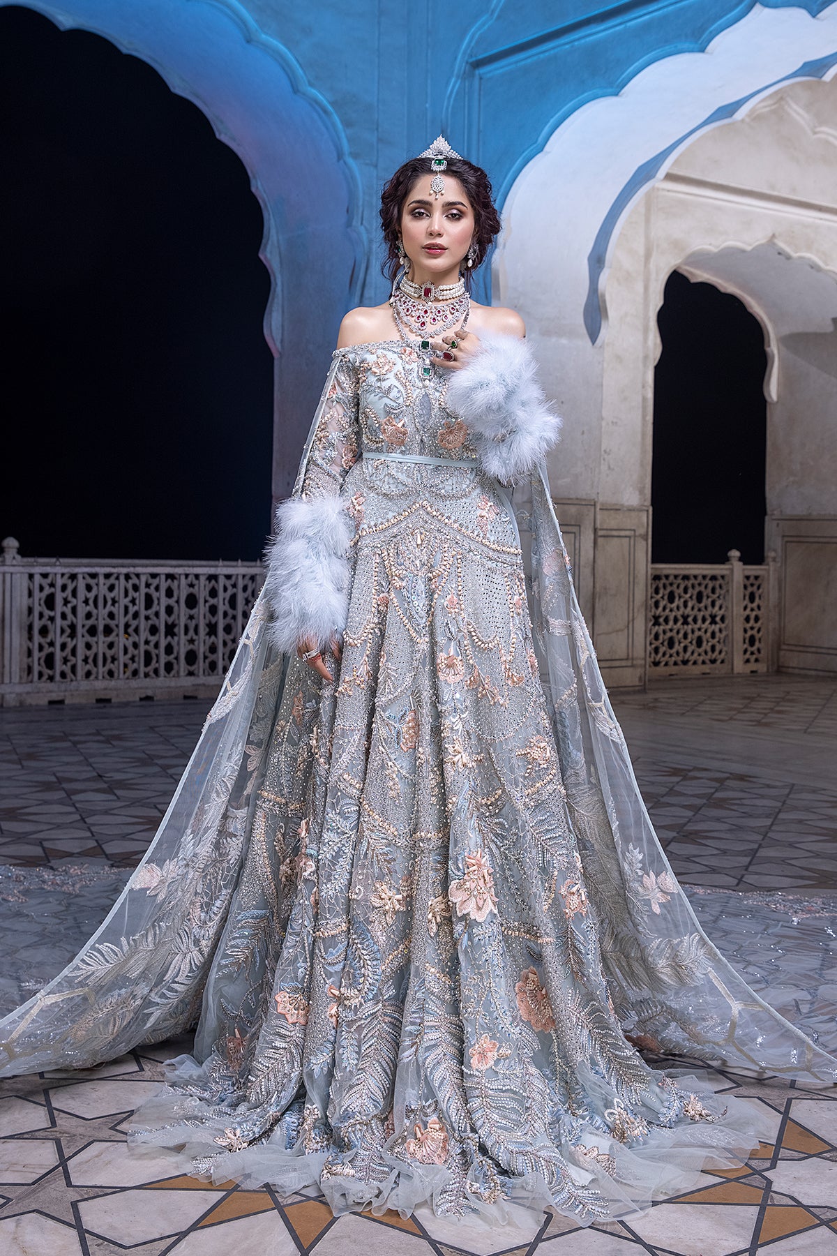 Powder Blue Zardozi Silk & Masori Net Bridal Gown (1-Pc) - Image 2