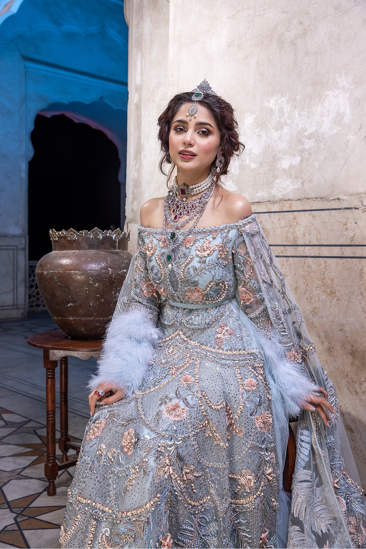 Powder Blue Zardozi Silk & Masori Net Bridal Gown (1-Pc) - Image 3