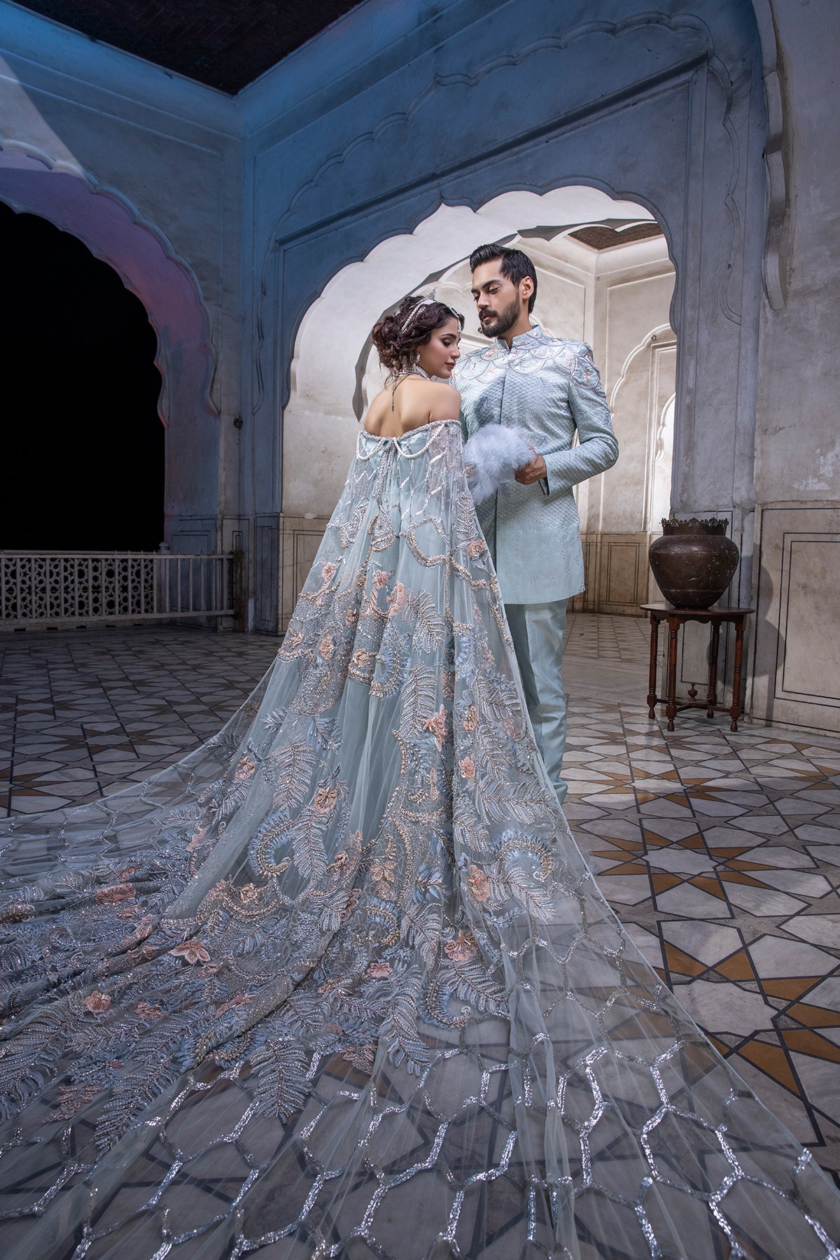 Powder Blue Zardozi Silk & Masori Net Bridal Gown (1-Pc) - Image 5