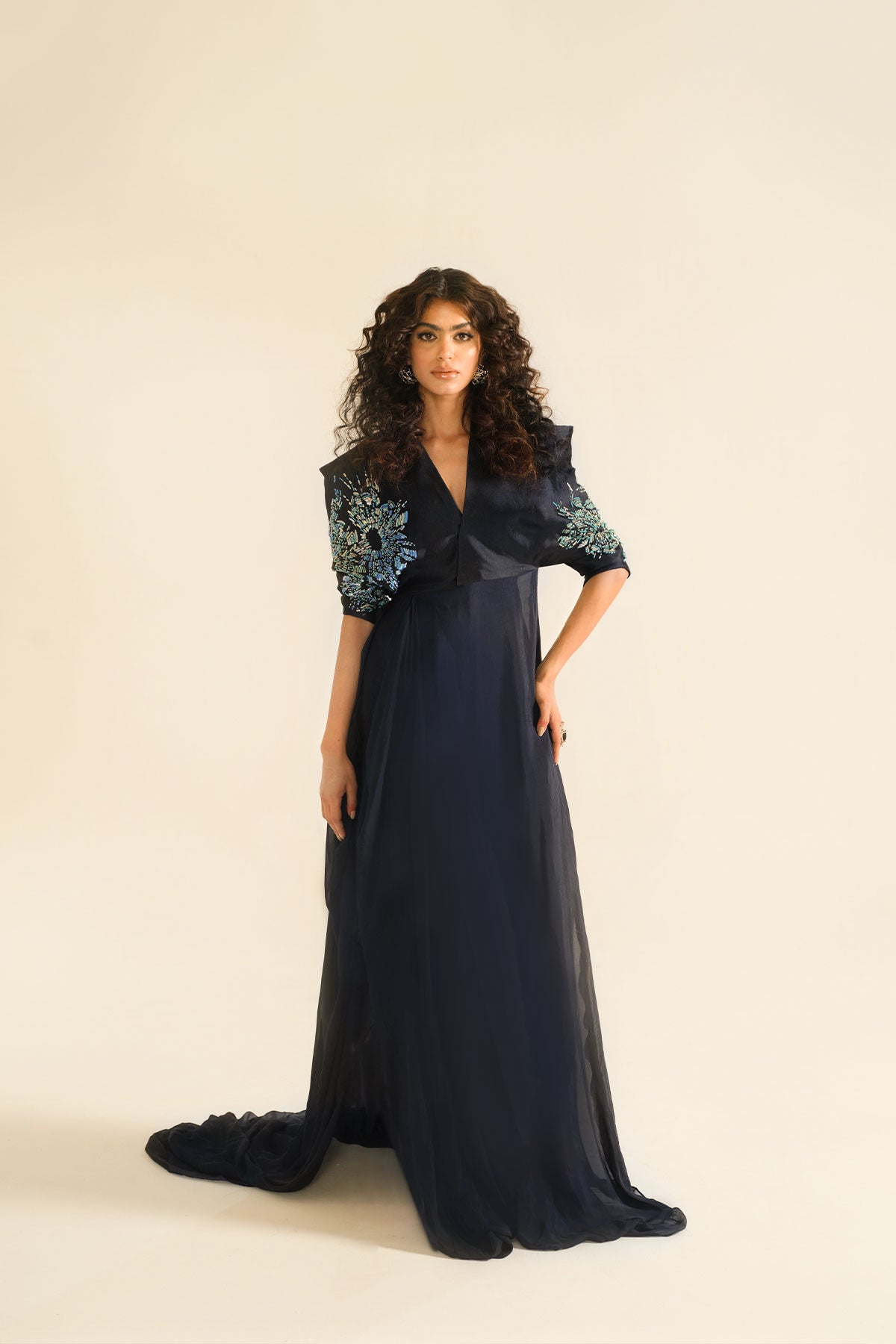 Midnight Blue Embellished Tissue Raw Silk Gown (2-Piece) - Image 4