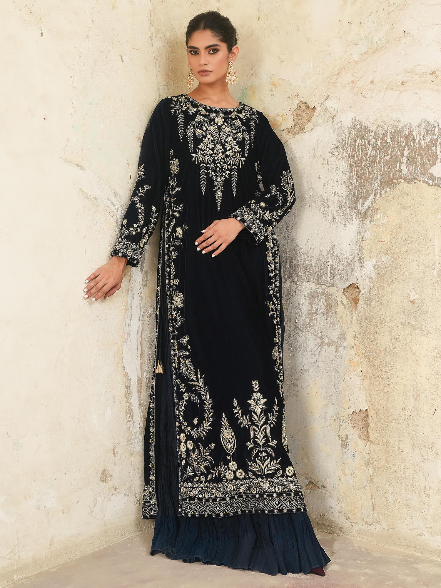 Midnight Blue Resham Zardozi Velvet Gown (1-Pc) - Image 1