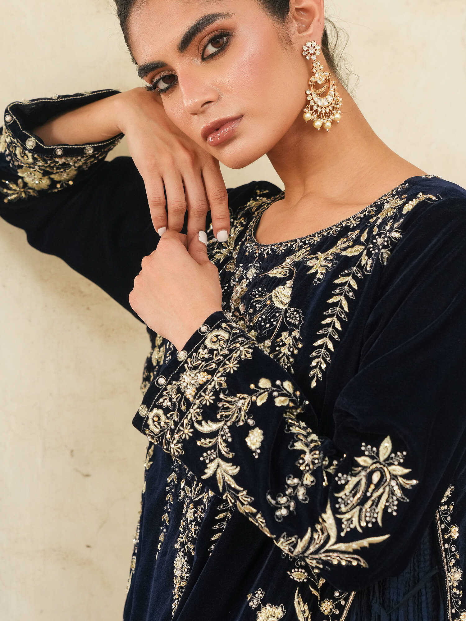 Midnight Blue Resham Zardozi Velvet Gown (1-Pc) - Image 2