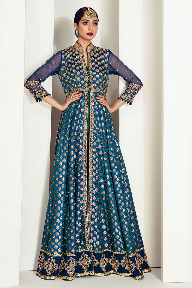 Midnight Blue Embroidered Woven Gown (1-Pc) - Image 1