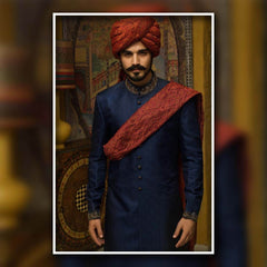 Royal Blue Embroidered Brocade Groom Sherwani (3-Piece) - Image 2