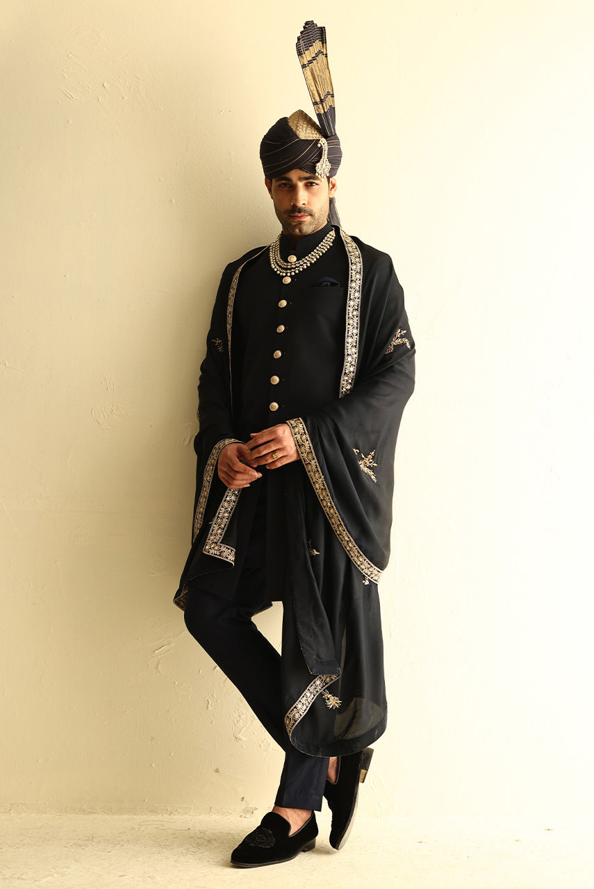 Dark Blue Embroidered Georgette Sherwani (3-Piece) - Image 1