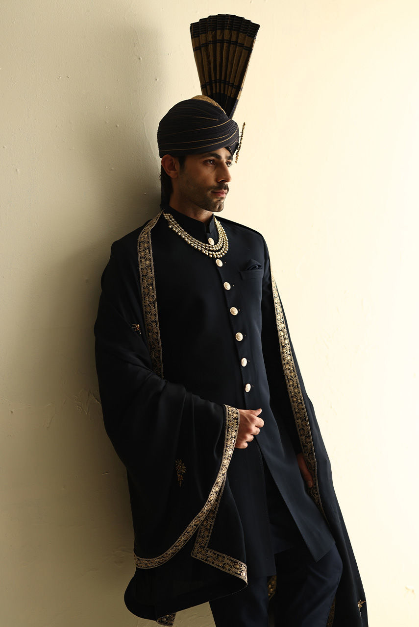 Dark Blue Embroidered Georgette Sherwani (3-Piece) - Image 2