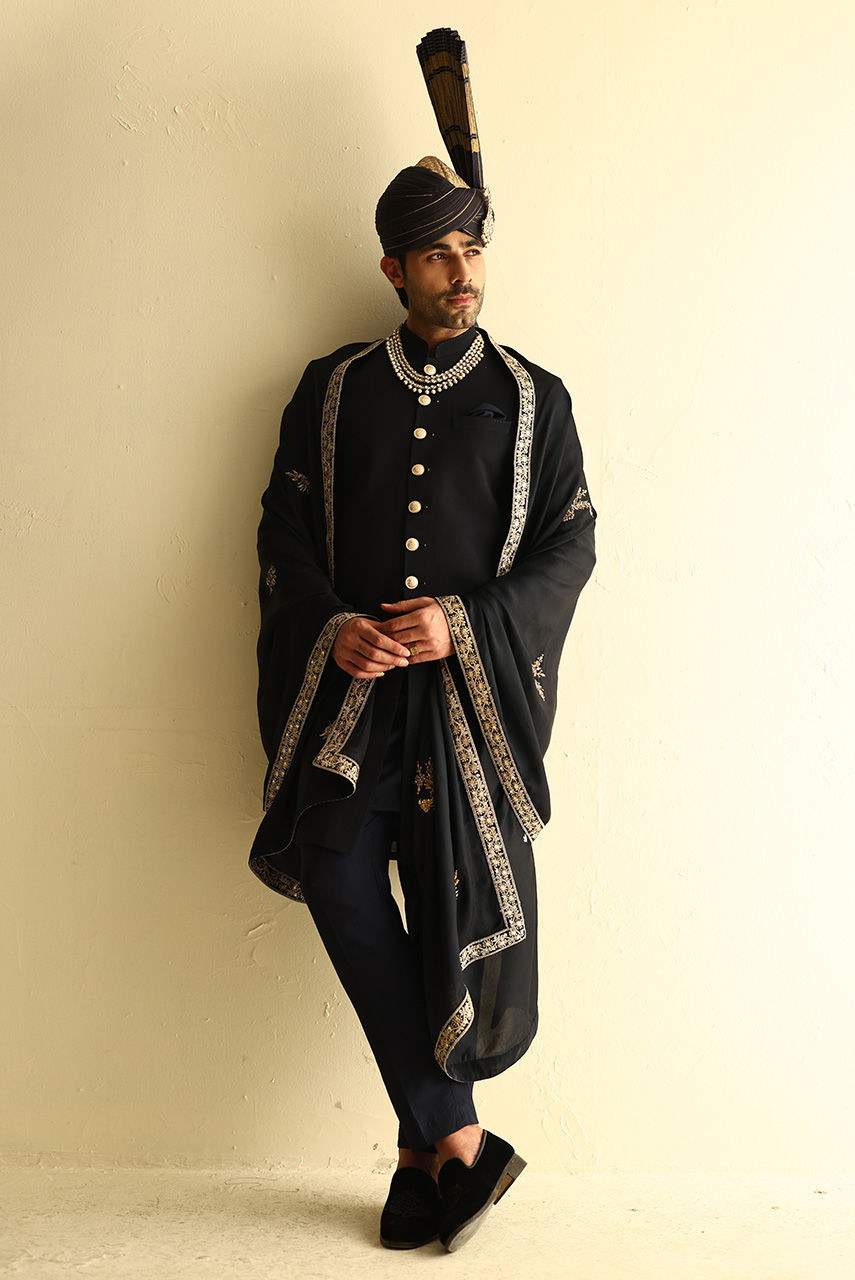 Dark Blue Embroidered Georgette Sherwani (3-Piece) - Image 3