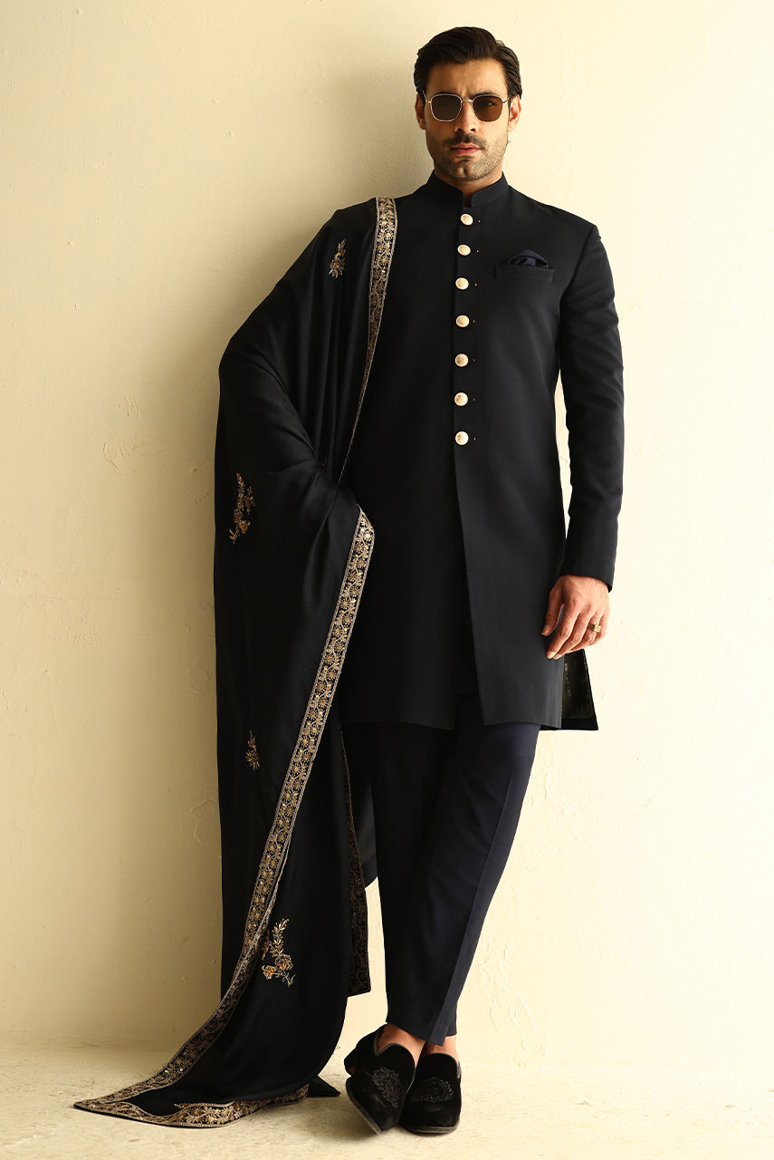 Dark Blue Embroidered Georgette Sherwani (3-Piece) - Image 4