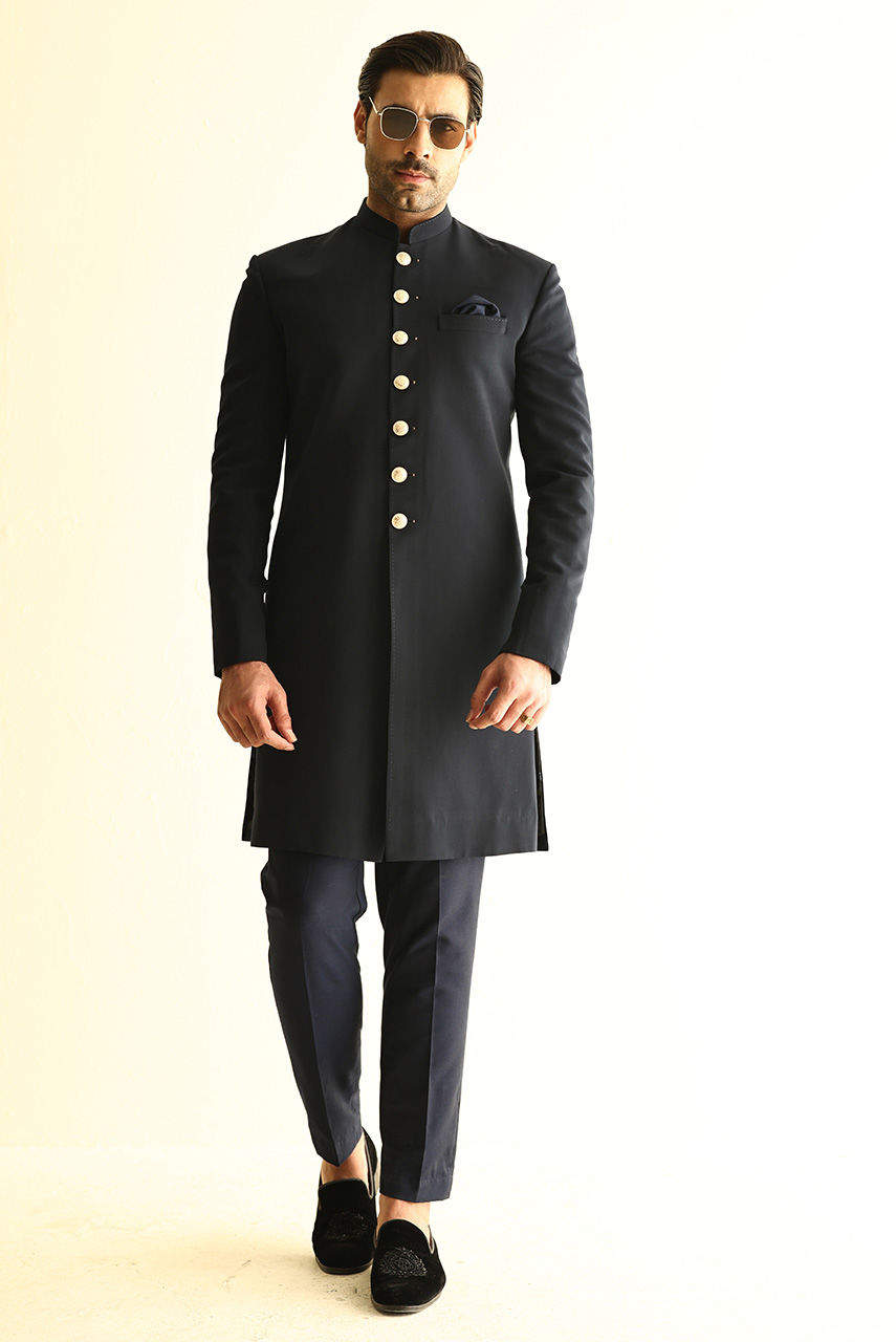 Dark Blue Embroidered Georgette Sherwani (3-Piece) - Image 5