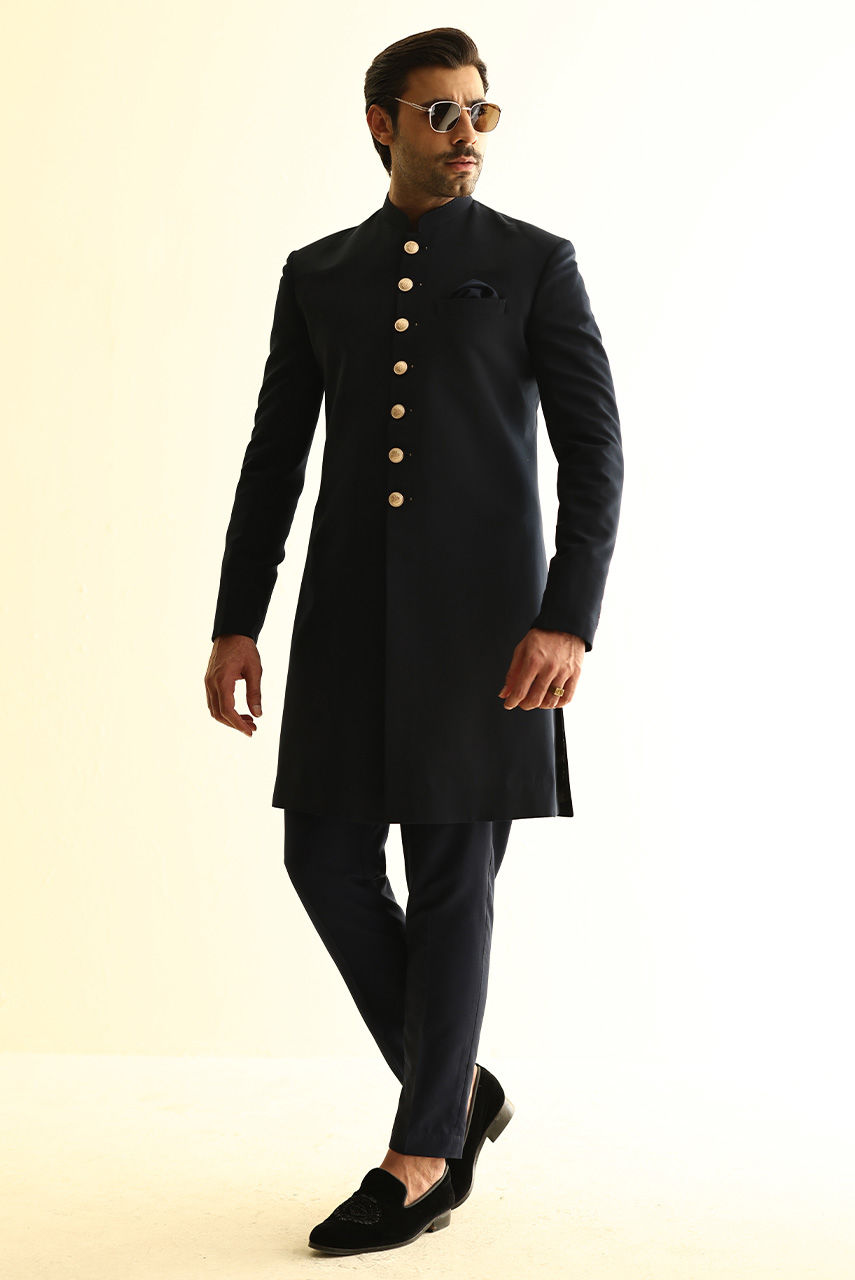 Dark Blue Embroidered Georgette Sherwani (3-Piece) - Image 6