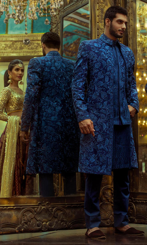 Deep Blue Embroidered Jacquard Sherwani (2-Piece) - Image 2
