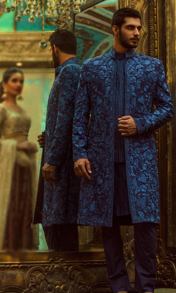 Deep Blue Embroidered Jacquard Sherwani (2-Piece) - Image 3