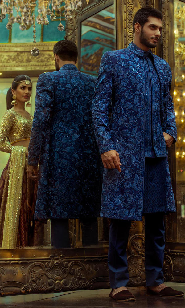 Deep Blue Embroidered Jacquard Sherwani (2-Piece) - Image 4